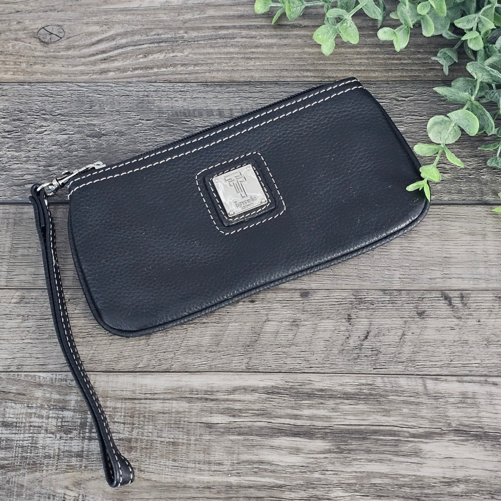 Tignanello Black Pebbled Leather Wristlet Clutch Paisley Lining Classic